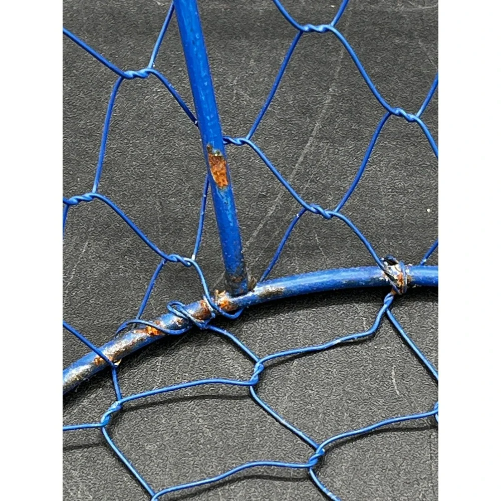 Blue Metal Chicken Wire Basket Scalloped Oval Storage Fruit Bowl Handles 16x12